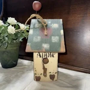 Decorative Wooden Bird House Green Color Features Squares‎ Colors Apple On Top