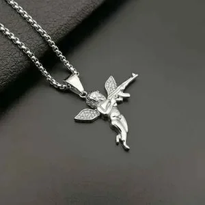 Diamond Angel Cherub Cupid AK47 Gun White Gold Plated Pendant Necklace
