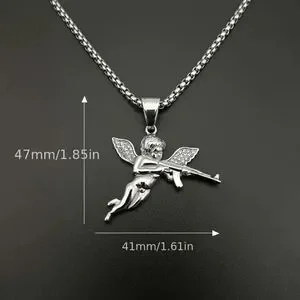 Diamond Angel Cherub Cupid AK47 Gun White Gold Plated Pendant Necklace