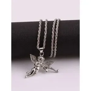 Diamond Angel Cherub Cupid AK47 Gun White Gold Plated Pendant Necklace