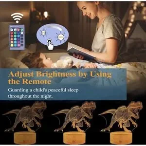 Dinosaur Night Light LAMP 3d Illusion 7 Colors Changing Lamp With Base-4 Dinos
