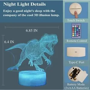 Dinosaur Night Light LAMP 3d Illusion 7 Colors Changing Lamp With Base-4 Dinos