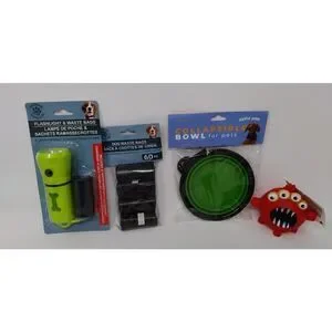 Dog Accessories Set 4 Item Lot Includes Portable Bowl Flashlight Poo Bags Toy