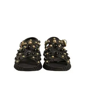 Dolce & Gabbana Black Leather Studded Slides Sandals Shoes