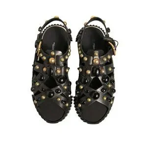 Dolce & Gabbana Black Leather Studded Slides Sandals Shoes