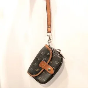 DOONEY & BOURKE Multicolor Monogram Wristlet Mini Bag With Brown Leather Strap