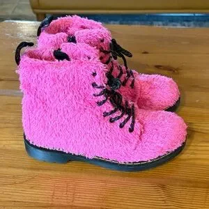 Dr. Martens Kids Fuzzy Pink Boots With Black Laces