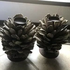 Driftwood Rustic Metal Base Candle Holder Set 2