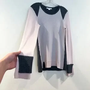 DUFFY 100% Cashmere Colorblock Light Pink Designer Tight Knit Slim Sweater M