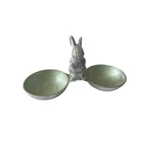 Easter Pewter Rabbit Green‎ with 2 Enamel Jewelry Trinket Candy Bowls/Trays