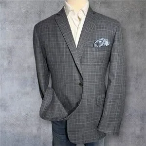 EC By Tom James Men's 48L Gray Windowpane Wool Blazer Sport Coat 2-Button Jacket