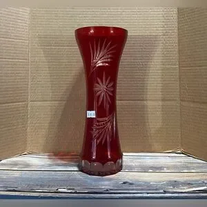 Elegant Red Glass Vase with Floral Design