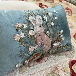 Embroidered Bunny Velvet Pillow