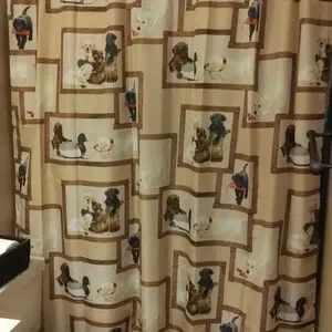 EUC Bacova Tan Shower Curtain W/Fun Retriever Puppies Design Sz 72"x68"