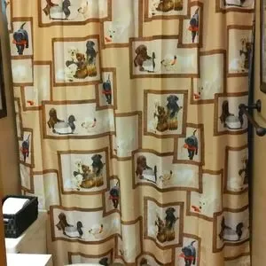 EUC Bacova Tan Shower Curtain W/Fun Retriever Puppies Design Sz 72"x68"