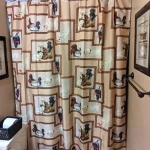EUC Bacova Tan Shower Curtain w/Fun Retriever Puppies Design Sz 72"x68"