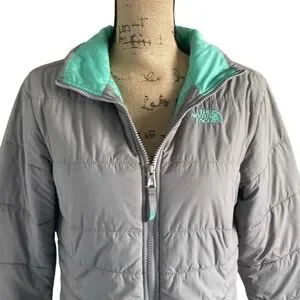 EUC The North Face Gray Teal Mock Turtle Zip Up Puffer Jacket - Girls XL/Women’