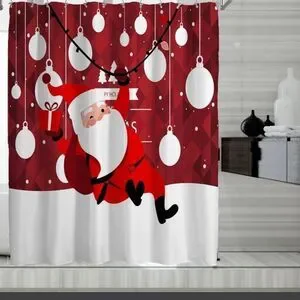 Fabric Shower Curtain Santa Christmas Holiday Ornaments Snow Trees