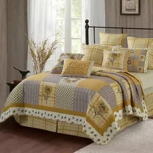 Farmhouse Sunflower Garden Patchwork QUEEN Printed Quilt Set Bonus Tote Bag