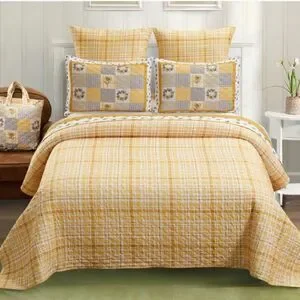 Farmhouse Sunflower Garden Patchwork QUEEN Printed Quilt Set Bonus Tote Bag