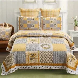 Farmhouse Sunflower Garden Patchwork QUEEN Printed Quilt Set Bonus Tote Bag