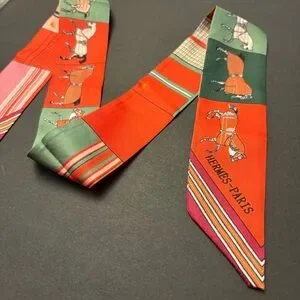 Fashion Scarf Twilly Green Orange Horses Multicolored Print
