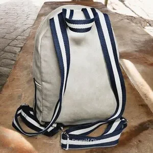 Faux Leather Gray Backpack Blue And White Belt Straps Travel Work Unisex READ