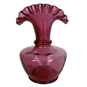 Fenton Cranberry Art Glass Vase Ruffled Fluted Top Artist Signed Vintage 1994