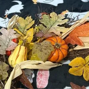 Festive Autumn Wreath With Pumpkins Gourds And Multi Colored Leaves NWT