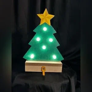 Festive Handmade Wooden Light-Up Christmas tree Small Stocking Hanger