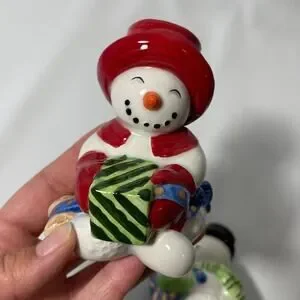 Fitz And Floyd Holly Jolly Snowman Decorative Salt And Pepper Shakers Set New