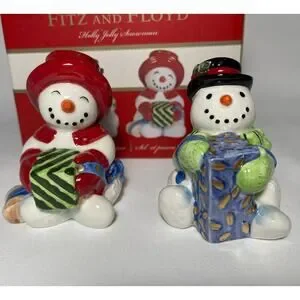 Fitz And Floyd Holly Jolly Snowman Decorative Salt And Pepper Shakers Set New
