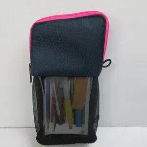 Five Star Mead Stand ‘N Store Micro-Mesh Pencil Pouch Navy Pink Interior Pockets