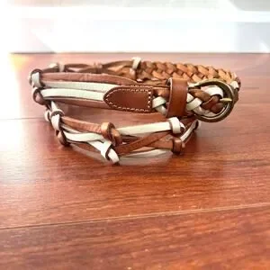 Fossil Braided Knotted Leather Tan Cream Bronze Buckle Boho Belt Sz Large Fossil Braided Knotted Leather Tan Cream Bronze Buckle Boho Belt Sz Large