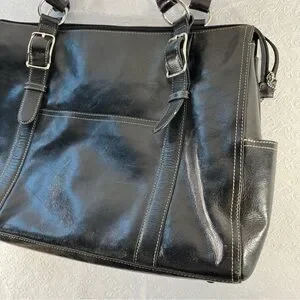 Fossil Genuine Leather Laptop Bag Black Zip Two Compartment Business Work Tote