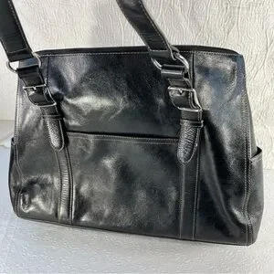 Fossil Genuine Leather Laptop Bag Black Zip Two Compartment Business Work Tote