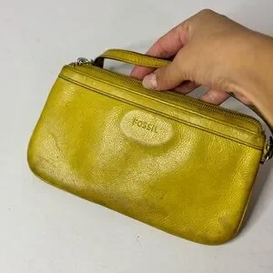 Fossil Leather Flower Applique Wristlet Mustard Yellow