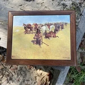 Frederic Remington An Old Time Plains Flight Wooden Jewerly Trinket Box
