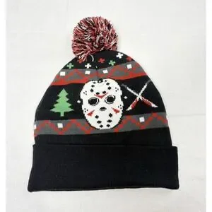 Friday The 13th Jason Mask Christmas Pom Beanie Hat Ugly Sweater Style Horror
