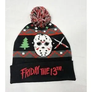 Friday the 13th Jason Mask Christmas Pom Beanie Hat Ugly Sweater Style Horror