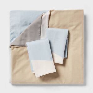Full/Queen Cotton Blend Sateen Duvet Cover And Sha Ivory/White/Sage Green