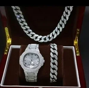 Fully Iced Out Watch Chain Bracelet Set