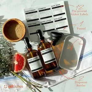 Gdtimes Dispenser Set With Labels - Amber Bottles With Black Pumps 17 Oz