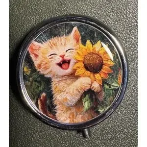 Ginger Orange Kitten Happy Cat Sunflower Medicine Vitamin Pill Box New