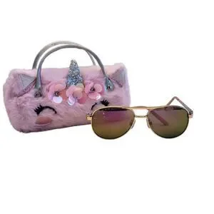 Girls Unicorn Rose Gold Rhinestone Aviator Sunglasses with Furry Sparkly Case