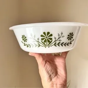 Glasbake Green Daisy Baking Dish Vintage Round 2 Quart Size Good Conditi…