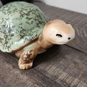Glazed Ceramic Green Brown Turtle Figurine Pottery Coastal Decor