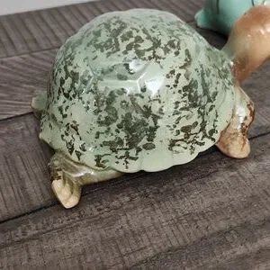 Glazed Ceramic Green Brown Turtle Figurine Pottery Coastal Decor
