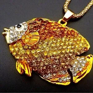 Gold And Brown Crystal Fish Pendant Necklace 27.5”. NWOT