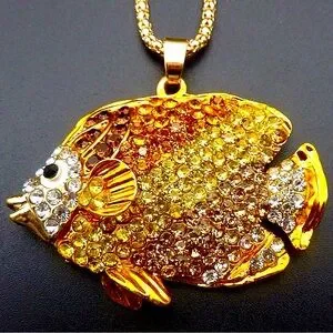 Gold and Brown Crystal Fish Pendant Necklace 27.5”. NWOT